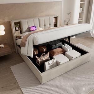 Ball & Cast Upholstered Hydraulic Double Bed-Frame, Linen Storage Platform Bed w/Wireless Charging(USB&Tyep-C), 4ft(135x190cm) Channel Tufted Beds with Headboard Open Shelves, No Mattress, Beige Ball & Cast Upholstered Hydraulic Double Bed-Frame, Linen Storage Platform Bed w/Wireless Charging(USB&Tyep-C), 4ft(135x190cm) Channel Tufted Beds with Headboard Open Shelves, No Mattress, Beige