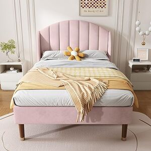 Ball & Cast Single Bed Frame, Soft Velvet Upholstered Bed, Upholstered Bed with Slatted Frame and Headboard, Adjustable Headboard,wooden slatted support, 90 x190cm, Pink Ball & Cast Single Bed Frame, Soft Velvet Upholstered Bed, Upholstered Bed with Slatted Frame and Headboard, Adjustable Headboard,wooden slatted support, 90 x190cm, Pink