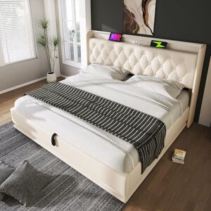 Ball & Cast King size Ottoman Bed with 360 Surround Led Function,Hydraulic Storage Bed Frame with Large Storage Space, 5ft King size Bed Frame with Charging Function,150x200,PU, White Ball & Cast King size Ottoman Bed with 360 Surround Led Function,Hydraulic Storage Bed Frame with Large Storage Space, 5ft King size Bed Frame with Charging Function,150x200,PU, White