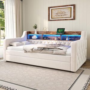 Ball & Cast Upholstered Bed with LED Lighting and Charging Sations, 3ft Single Bed with Shelf and 2 Storage Drawers, Daybed Sofa Beds Guest Beds For Adults & Teenagers, Velvet,Beige, 90x190 cm Ball & Cast Upholstered Bed with LED Lighting and Charging Sations, 3ft Single Bed with Shelf and 2 Storage Drawers, Daybed Sofa Beds Guest Beds For Adults & Teenagers, Velvet,Beige, 90x190 cm