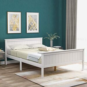 Merax 4ft6 Double Bed, Space-saving and Elegant, 11 Thickened Wooden Slats, Solid Wooden Bed Frame with Rectangular Headboard and Footboard for Adults, Kids and Teenagers, 135x190cm, Ivory Merax 4ft6 Double Bed, Space-saving and Elegant, 11 Thickened Wooden Slats, Solid Wooden Bed Frame with Rectangular Headboard and Footboard for Adults, Kids and Teenagers, 135x190cm, Ivory