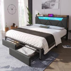 Merax 4FT6 Upholstered Bed Frame with Hidden Storage Headboard and Drawers, Stylish Double Bed with LED Lighting and USB Type-C Charging Function, Metal Slatted Frame, Linen, Grey, 135x190 cm Merax 4FT6 Upholstered Bed Frame with Hidden Storage Headboard and Drawers, Stylish Double Bed with LED Lighting and USB Type-C Charging Function, Metal Slatted Frame, Linen, Grey, 135x190 cm