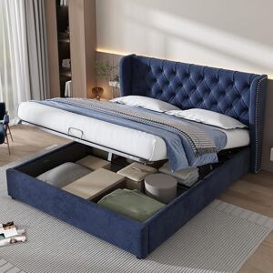 Merax Upholstered Bed Frame with Hydraulic Lift, 4FT6 Double Bed Frame with Storage, Functional Ottoman Bed, Sturdy Construction, Without Mattress, Elegant Velvet Finish, Blue, 135x190cm Merax Upholstered Bed Frame with Hydraulic Lift, 4FT6 Double Bed Frame with Storage, Functional Ottoman Bed, Sturdy Construction, Without Mattress, Elegant Velvet Finish, Blue, 135x190cm