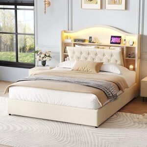 Ball & Cast Double Bed Frames with 4ft6 Upholstered Wooden Two-shelf Storage Headboard, Charging Station,LED Lights, 135x190 cm Heavy Duty Metal Bed Frame, No Box Spring Needed, Noise Free,Beige Ball & Cast Double Bed Frames with 4ft6 Upholstered Wooden Two-shelf Storage Headboard, Charging Station,LED Lights, 135x190 cm Heavy Duty Metal Bed Frame, No Box Spring Needed, Noise Free,Beige
