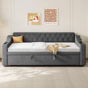 Ball & Cast Upholstered Daybed 90x190 cm Sofa Bed with Pull-Out Trundle, USB & Type-C Charging Station, 3ft Single Linen Bed with Armrest Storage – Grey (No Mattress) Ball & Cast Upholstered Daybed 90x190 cm Sofa Bed with Pull-Out Trundle, USB & Type-C Charging Station, 3ft Single Linen Bed with Armrest Storage – Grey (No Mattress)