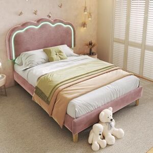 Merax 3FT Upholstered Bed Frame with LED Light Strip, Stylish Single Bed with Wooden Slats and Adjustable Height Puff Headboard, Suitable for Teens Bedroom and Guest Room, Velvet, Pink, 90x190cm Merax 3FT Upholstered Bed Frame with LED Light Strip, Stylish Single Bed with Wooden Slats and Adjustable Height Puff Headboard, Suitable for Teens Bedroom and Guest Room, Velvet, Pink, 90x190cm