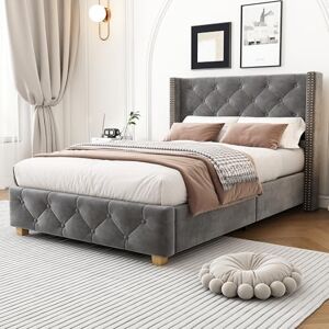 Ball & Cast Velvet Upholstered 3FT Single Bed Frame, Elegant Bed w/Reinforced Slatted Base, Classic Button-Tufted Headboard, Wooden Legs,No Spring Box needed,90x190cm, Grey Ball & Cast Velvet Upholstered 3FT Single Bed Frame, Elegant Bed w/Reinforced Slatted Base, Classic Button-Tufted Headboard, Wooden Legs,No Spring Box needed,90x190cm, Grey