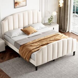 Ball & Cast 4ft6 Double Upholstered Bed Frame with Adjustable Chic Channel-Tufted Headboard, Velvet Platform Bed Frame with Solid Wood Slat and Mute Foam, No Box Spring Needed,Beige Ball & Cast 4ft6 Double Upholstered Bed Frame with Adjustable Chic Channel-Tufted Headboard, Velvet Platform Bed Frame with Solid Wood Slat and Mute Foam, No Box Spring Needed,Beige