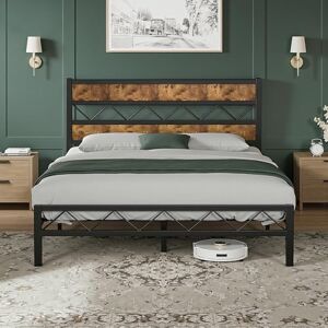 VECELO 4ft6 Double Bed Frame with Wooden Headboard, 135x190 cm Metal Platform, Heavy Duty Metal Slats Support, Mattress Base No Box Spring Needed, No Noise, Easy Assembly, Retro Brown VECELO 4ft6 Double Bed Frame with Wooden Headboard, 135x190 cm Metal Platform, Heavy Duty Metal Slats Support, Mattress Base No Box Spring Needed, No Noise, Easy Assembly, Retro Brown