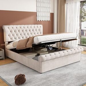 Merax Upholstered Bed Frame with Hydraulic Lift, 4FT6 Double Bed Frame with Storage, Functional Ottoman Bed, Sturdy Construction, Without Mattress, Elegant Velvet Finish, Beige, 135x190cm Merax Upholstered Bed Frame with Hydraulic Lift, 4FT6 Double Bed Frame with Storage, Functional Ottoman Bed, Sturdy Construction, Without Mattress, Elegant Velvet Finish, Beige, 135x190cm