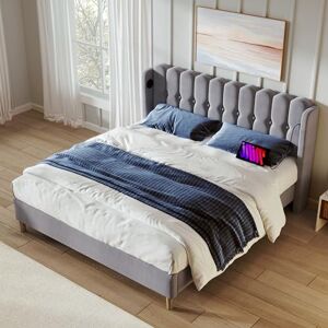 Merax 4FT6 Upholstered Bed Frame with USB and Type-C Charging, Stylish Double Bed with Wooden Slatted Frame, Contemporary Headboard, Suitable for Teens Bedroom and Guest Room, Linen, Grey, 135x190cm Merax 4FT6 Upholstered Bed Frame with USB and Type-C Charging, Stylish Double Bed with Wooden Slatted Frame, Contemporary Headboard, Suitable for Teens Bedroom and Guest Room, Linen, Grey, 135x190cm