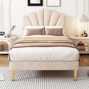 Ball & Cast 3FT (90 * 190cm) Upholstered Single Bed Frame, Shell-like Velvet Bed with Golden Iron Legs & Height-adjustable Headboard, Wooden Slatted Frame Velvet, Beige Ball & Cast 3FT (90 * 190cm) Upholstered Single Bed Frame, Shell-like Velvet Bed with Golden Iron Legs & Height-adjustable Headboard, Wooden Slatted Frame Velvet, Beige