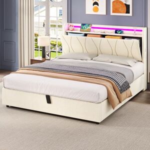 Ball & Cast Double Bed Frame with Upholstered Storage Headboard, Under Bed Storage,Charging Station & LED Lights, 135x190 cm Platform Bed Frame NUnder Bed, Noise Free,Beige Ball & Cast Double Bed Frame with Upholstered Storage Headboard, Under Bed Storage,Charging Station & LED Lights, 135x190 cm Platform Bed Frame NUnder Bed, Noise Free,Beige
