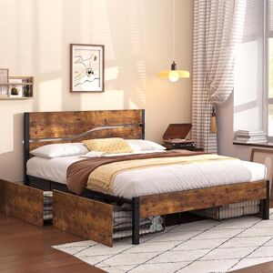 VECELO Double Bed Frame with Storage, 4FT6 Heavy-Duty Platform with Rustic Vintage Wood Headboard and 4 Drawers, No Box Spring Needed, Noise-Free Anti-Slip, Easy Assembly VECELO Double Bed Frame with Storage, 4FT6 Heavy-Duty Platform with Rustic Vintage Wood Headboard and 4 Drawers, No Box Spring Needed, Noise-Free Anti-Slip, Easy Assembly