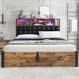 Ball & Cast bed frame, 4ft6 Double Metal Bed with Hydraulic Storage, Storage Headboard with Soft PU Backrest&Charging Port&LED Strip Light, for adults & teenagers(No Mattress),Black+Walnut/135 * 190CM Ball & Cast bed frame, 4ft6 Double Metal Bed with Hydraulic Storage, Storage Headboard with Soft PU Backrest&Charging Port&LED Strip Light, for adults & teenagers(No Mattress),Black+Walnut/135 * 190CM