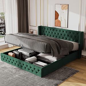 Merax Upholstered Bed Frame with Hydraulic Lift, 4FT6 Double Bed Frame with Storage, Functional Ottoman Bed, Sturdy Construction, Without Mattress, Elegant Velvet Finish, Green, 135x190cm Merax Upholstered Bed Frame with Hydraulic Lift, 4FT6 Double Bed Frame with Storage, Functional Ottoman Bed, Sturdy Construction, Without Mattress, Elegant Velvet Finish, Green, 135x190cm