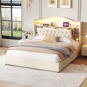 Ball & Cast King Size Bed Frames with 5ft Upholstered Wooden Two-shelf Storage Headboard, Charging Station,LED Lights, 150x200 cm Heavy Duty Metal Bed Frame, No Box Spring Needed, Noise Free,Beige Ball & Cast King Size Bed Frames with 5ft Upholstered Wooden Two-shelf Storage Headboard, Charging Station,LED Lights, 150x200 cm Heavy Duty Metal Bed Frame, No Box Spring Needed, Noise Free,Beige