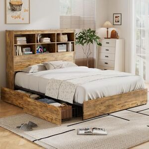 VECELO 4FT6 Double Bed Frame with Storage, 135 × 190 cm Heavy-Duty Platform Bed with Charging Station, Bookcase Headboard and 4 Underbed Drawers, Steel Slat Support, No Box Spring Needed VECELO 4FT6 Double Bed Frame with Storage, 135 × 190 cm Heavy-Duty Platform Bed with Charging Station, Bookcase Headboard and 4 Underbed Drawers, Steel Slat Support, No Box Spring Needed