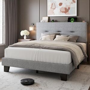 Feonase 4ft Double Bed Frame with Storage Linen Headboard, Upholstered Bedframe double bed with Charging Station, Sturdy Wooden Slat Support, Easy Assembly, Light gray Feonase 4ft Double Bed Frame with Storage Linen Headboard, Upholstered Bedframe double bed with Charging Station, Sturdy Wooden Slat Support, Easy Assembly, Light gray