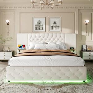 Ball & Cast 4ft6 Double Bed Frame with storage, Floating Upholstered Bed Frame Doule Bed with Charging Station and 16colors LED Light, Metal Slats Support, Beige Double BedS Ball & Cast 4ft6 Double Bed Frame with storage, Floating Upholstered Bed Frame Doule Bed with Charging Station and 16colors LED Light, Metal Slats Support, Beige Double BedS