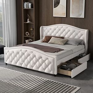 Ball & Cast Upholstered Double Bed-Frame, PU Leather Storage Platform Bed w/2 Drawers & Ear-shaped Side Panel Headboard, 4ft(135x190cm)Button Tufted Beds w/Nail Heads, Slats Support,No Mattress, White Ball & Cast Upholstered Double Bed-Frame, PU Leather Storage Platform Bed w/2 Drawers & Ear-shaped Side Panel Headboard, 4ft(135x190cm)Button Tufted Beds w/Nail Heads, Slats Support,No Mattress, White