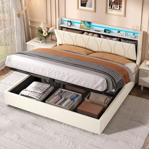 Ball & Cast King Size Bed Frame with Upholstered Storage Headboard, Under Bed Storage,Charging Station & LED Lights, 150x200 cm Platform Bed Frame NUnder Bed, Noise Free,Beige Ball & Cast King Size Bed Frame with Upholstered Storage Headboard, Under Bed Storage,Charging Station & LED Lights, 150x200 cm Platform Bed Frame NUnder Bed, Noise Free,Beige