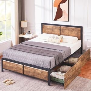 VECELO Double Bed Frame with Storage, 4FT6 Heavy-Duty Platform with Rustic Vintage Wood Headboard and 4 Drawers, No Box Spring Needed, Noise-Free Anti-Slip, Easy Assembly VECELO Double Bed Frame with Storage, 4FT6 Heavy-Duty Platform with Rustic Vintage Wood Headboard and 4 Drawers, No Box Spring Needed, Noise-Free Anti-Slip, Easy Assembly