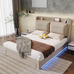 Ball & Cast 135 * 190(4ft6) Double Upholstered bed,2-in-1 storage drawers at the end of the bed, recessed LED light strips on both sides of the bed, slatted frame, Velvet,Beig Ball & Cast 135 * 190(4ft6) Double Upholstered bed,2-in-1 storage drawers at the end of the bed, recessed LED light strips on both sides of the bed, slatted frame, Velvet,Beig
