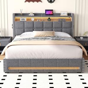Ball & Cast 5ft King Size Bed with Storage, LED Rivet Storage Bed with Charging Station, Button Tufted Headboard with USB and Type C Ports, No Box Spring Needed, Linen, Grey (No Mattress) Ball & Cast 5ft King Size Bed with Storage, LED Rivet Storage Bed with Charging Station, Button Tufted Headboard with USB and Type C Ports, No Box Spring Needed, Linen, Grey (No Mattress)