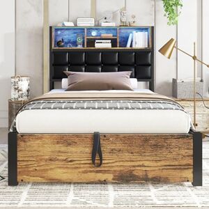 Ball & Cast bed frame, 3ft single Metal Bed with Hydraulic Storage, Storage Headboard with Soft PU Backrest&Charging Port&LED Strip Light, for adults & teenagers(No Mattress),Black+Walnut/90 * 190CM Ball & Cast bed frame, 3ft single Metal Bed with Hydraulic Storage, Storage Headboard with Soft PU Backrest&Charging Port&LED Strip Light, for adults & teenagers(No Mattress),Black+Walnut/90 * 190CM