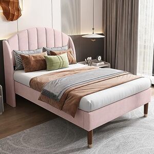 Merax Upholstered Single Bed, 3FT Bed Frame with Soft Headboard and Wooden Slatted Frame, Comfortable Backrest, Additional Support Feet, Easy Assembly, Velvet, Pink, 90x190cm Merax Upholstered Single Bed, 3FT Bed Frame with Soft Headboard and Wooden Slatted Frame, Comfortable Backrest, Additional Support Feet, Easy Assembly, Velvet, Pink, 90x190cm