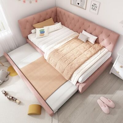 Ball & Cast 3ft girls Single Ottoman Day Bed, Upholstered Pull out Sofabed Trundle Bed Frames, with Slatted Frame, for Adults and Children, Velvet Fabric(No Mattress), Pink/90 * 190CM Ball & Cast 3ft girls Single Ottoman Day Bed, Upholstered Pull out Sofabed Trundle Bed Frames, with Slatted Frame, for Adults and Children, Velvet Fabric(No Mattress), Pink/90 * 190CM