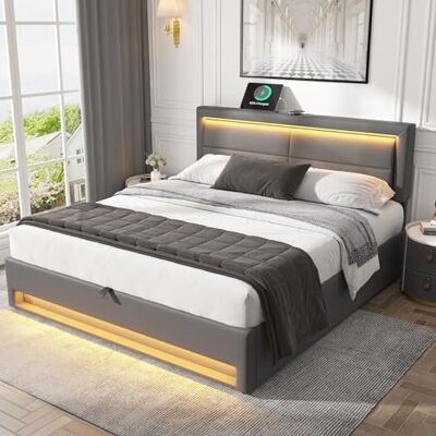 Ball & Cast 6ft Ottoman Upholstered Bed 180 X 200 cm, Super King Size Bed Frame with USB Port (Supports Wireless and Wired Charging), With LED Lighting and Storage Space, without Mattress, PU, Grey Ball & Cast 6ft Ottoman Upholstered Bed 180 X 200 cm, Super King Size Bed Frame with USB Port (Supports Wireless and Wired Charging), With LED Lighting and Storage Space, without Mattress, PU, Grey 