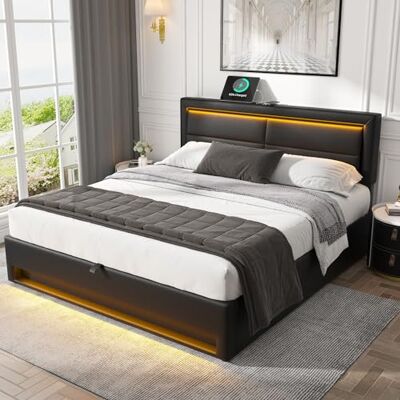 Ball & Cast 6ft Ottoman Upholstered Bed 180 X 200 cm, Super King Size Bed Frame with USB Port (Supports Wireless and Wired Charging), With LED Lighting and Storage Space, without Mattress, PU, Black Ball & Cast 6ft Ottoman Upholstered Bed 180 X 200 cm, Super King Size Bed Frame with USB Port (Supports Wireless and Wired Charging), With LED Lighting and Storage Space, without Mattress, PU, Black 