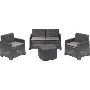 Dmora Outdoor lounge set Peschici, Garden set with 2 armchairs, 1 sofa and 1 storage table, Rattan effect with cushions, 100% Made in Italy, Anthracite Dmora Outdoor lounge set Peschici, Garden set with 2 armchairs, 1 sofa and 1 storage table, Rattan effect with cushions, 100% Made in Italy, Anthracite