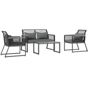 Outsunny 4 Pieces Rattan Garden Furniture Set, Metal Frame Outdoor Furniture Sofa Set with Cushions, Pillows & Tempered Glass Top Table, Wicker Garden Sofa for Conservatory, Patio, Charcoal Grey Outsunny 4 Pieces Rattan Garden Furniture Set, Metal Frame Outdoor Furniture Sofa Set with Cushions, Pillows & Tempered Glass Top Table, Wicker Garden Sofa for Conservatory, Patio, Charcoal Grey