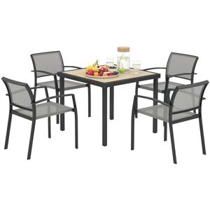 Outsunny 4 Seater Garden Dining Set, 5 Piece Garden Furniture Set with 4 Stackable Armchairs, Outdoor Table and Chairs with Easy Clean Top, Steel Frame, Texteline Seat, for Terrace, Balcony, Grey Outsunny 4 Seater Garden Dining Set, 5 Piece Garden Furniture Set with 4 Stackable Armchairs, Outdoor Table and Chairs with Easy Clean Top, Steel Frame, Texteline Seat, for Terrace, Balcony, Grey