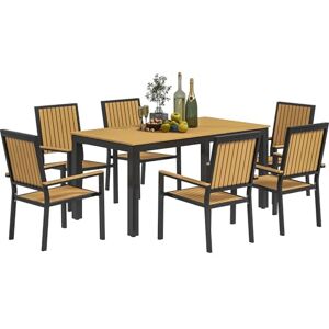 Outsunny 6 Seater Garden Dining Set with Stackable Chairs, Aluminium Frame, Rectangular Plastic Top, Garden Furniture Set, Outdoor Dining Table and Chairs for Patio, Balcony, Poolside, Nature Wood Outsunny 6 Seater Garden Dining Set with Stackable Chairs, Aluminium Frame, Rectangular Plastic Top, Garden Furniture Set, Outdoor Dining Table and Chairs for Patio, Balcony, Poolside, Nature Wood