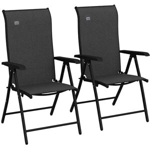Outsunny Set of 2 Outdoor Wicker Folding Chairs, Patio PE Rattan Dining Armrests Chair set with 7 Levels Adjustable Backrest, for Outdoors, Camping, Grey Outsunny Set of 2 Outdoor Wicker Folding Chairs, Patio PE Rattan Dining Armrests Chair set with 7 Levels Adjustable Backrest, for Outdoors, Camping, Grey