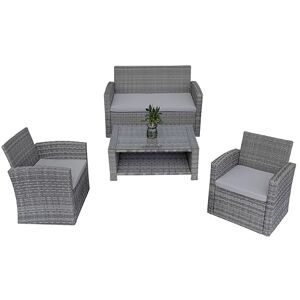 SHATCHI 4 Seater Rattan Garden Furniture Set – 2 Chairs, Loveseat Sofa, Coffee Table – Grey Outdoor Patio Set with Cushions, Tempered Glass Table – Steel Frame Lounge Seating SHATCHI 4 Seater Rattan Garden Furniture Set – 2 Chairs, Loveseat Sofa, Coffee Table – Grey Outdoor Patio Set with Cushions, Tempered Glass Table – Steel Frame Lounge Seating