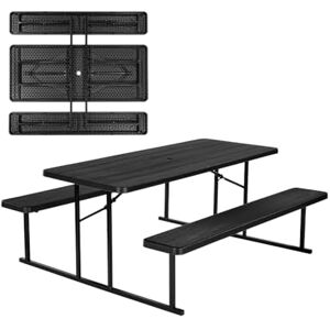 VEVOR Foldable Picnic Table, 6 FT Folding Picnic Tables with Benches, Steel Outdoor Bench Set with Umbrella Hole, Large Outside Dining Table for Patio Garden Yard Poolside (Black) VEVOR Foldable Picnic Table, 6 FT Folding Picnic Tables with Benches, Steel Outdoor Bench Set with Umbrella Hole, Large Outside Dining Table for Patio Garden Yard Poolside (Black)