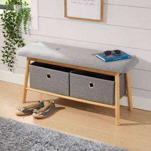 Home Source Jenson Bamboo Bench with Grey Padded Seats, 2 Pull Out Fabric Storage Boxes, Hallway Storage Bench Home Source Jenson Bamboo Bench with Grey Padded Seats, 2 Pull Out Fabric Storage Boxes, Hallway Storage Bench