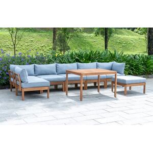 Out & Out Original Cali 7-Seat FSC Eucalyptus Wood Lounge Set L-Shape w/Ottoman, Grey Cushions, Table Outdoor Garden Furniture Out & Out Original Cali 7-Seat FSC Eucalyptus Wood Lounge Set L-Shape w/Ottoman, Grey Cushions, Table Outdoor Garden Furniture