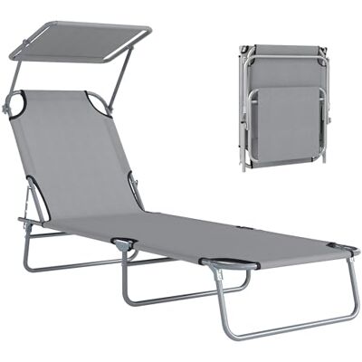 Outsunny Folding Sun Lounger with Canopy, Reclining Sunbed with 4-Position Adjustable Backrest, 600D Oxford Cloth, Portable Garden Lounger Recliner Chair for Beach, Camping, Patio, Light Grey Outsunny Folding Sun Lounger with Canopy, Reclining Sunbed with 4-Position Adjustable Backrest, 600D Oxford Cloth, Portable Garden Lounger Recliner Chair for Beach, Camping, Patio, Light Grey