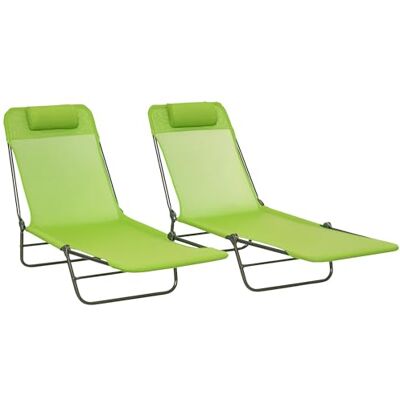 Outsunny Outdoor Foldable Sun Loungers Set of 2, Adjustable Backrest Garden Recliner Sun Lounger Chair with Headrest Pillow, Green Outsunny Outdoor Foldable Sun Loungers Set of 2, Adjustable Backrest Garden Recliner Sun Lounger Chair with Headrest Pillow, Green