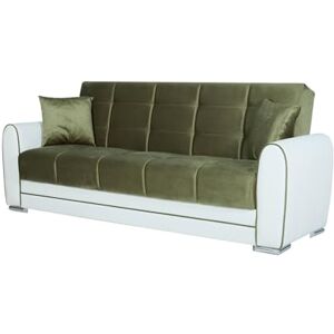 Dmora Sofa bed Luis, 3-seater container sofa bed in eco-leather and fabric, Living room sofa in padded fabric with click-clack opening, 220x84h91 cm, White and Green Dmora Sofa bed Luis, 3-seater container sofa bed in eco-leather and fabric, Living room sofa in padded fabric with click-clack opening, 220x84h91 cm, White and Green
