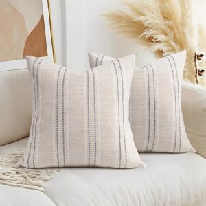 AELS 18x18 Decorative Farmhouse Linen Throw Pillow Covers, Boho Textured Pillow Case, Set of 2, Beige with White & Gray Stitch Yarn Dyed Stripe Cushion Cover for Sofa Couch Living Room (Cover ONLY) AELS 18x18 Decorative Farmhouse Linen Throw Pillow Covers, Boho Textured Pillow Case, Set of 2, Beige with White & Gray Stitch Yarn Dyed Stripe Cushion Cover for Sofa Couch Living Room (Cover ONLY)