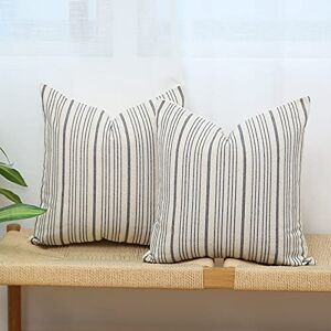 Kiuree Grey and Cream Farmhouse Throw Pillow Covers 18 x 18, Modern Accent Square Decorative Pillow Case, Set of 2 Stripes Textured Linen for Sofa Couch Chair Bedroom(Grey) Kiuree Grey and Cream Farmhouse Throw Pillow Covers 18 x 18, Modern Accent Square Decorative Pillow Case, Set of 2 Stripes Textured Linen for Sofa Couch Chair Bedroom(Grey)