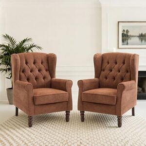 COLAMY Mid-Century Modern Living Room Accent Chair, Button Tufted Wingback with Thick Padded Seat, Upholstered Armchair, Fabric Sofa Arm Chair with Solid Wood Legs for Bedroom/Office/Café,Coral COLAMY Mid-Century Modern Living Room Accent Chair, Button Tufted Wingback with Thick Padded Seat, Upholstered Armchair, Fabric Sofa Arm Chair with Solid Wood Legs for Bedroom/Office/Café,Coral