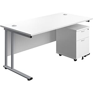 Office Hippo Professional Cantilever Office Desk With 2 Drawer Mobile Pedestal, Wood, White, Silver Frame, 160 x 80 x 73 cm Office Hippo Professional Cantilever Office Desk With 2 Drawer Mobile Pedestal, Wood, White, Silver Frame, 160 x 80 x 73 cm